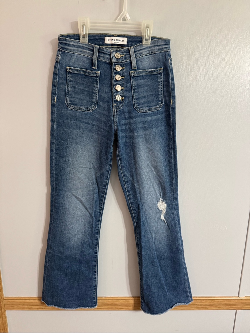 Flying Monkey Premium Distressed Mid-Rise Button-Fly Flare Jeans Size 24